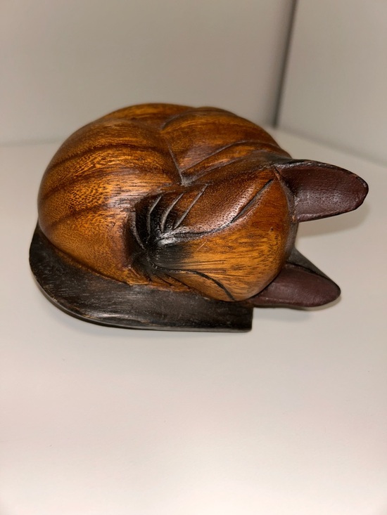 Other - Hand-Carved Wooden Sleeping Cat Figurine - Brown